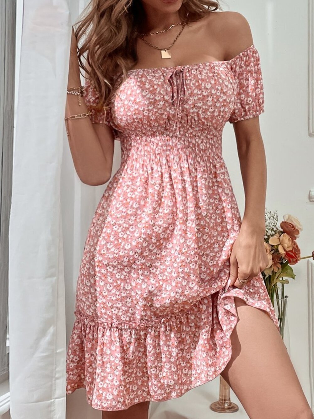 Pink Boho Women's Ditsy Floral Off Shoulder Tie Front Ruffle Hem Dress